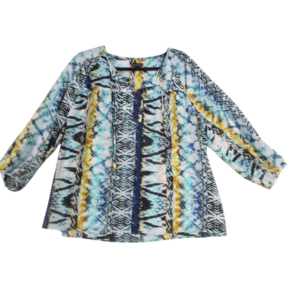 New Directions Womens Blue Yellow Tribal Snake Print Tie Neck Blouse Size Large
